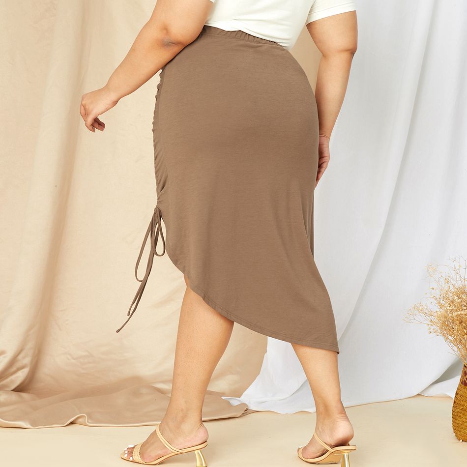 Women Plus Size Sexy Drawstring Ruched Irregular Skirt Brown big image 6