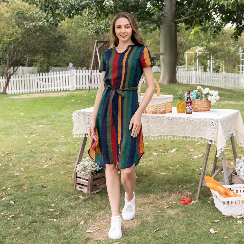 Colorblock Striped Short-sleeve Family Matching Sets(Belted Midi Dresses and T-shirts) Multi-color big image 4