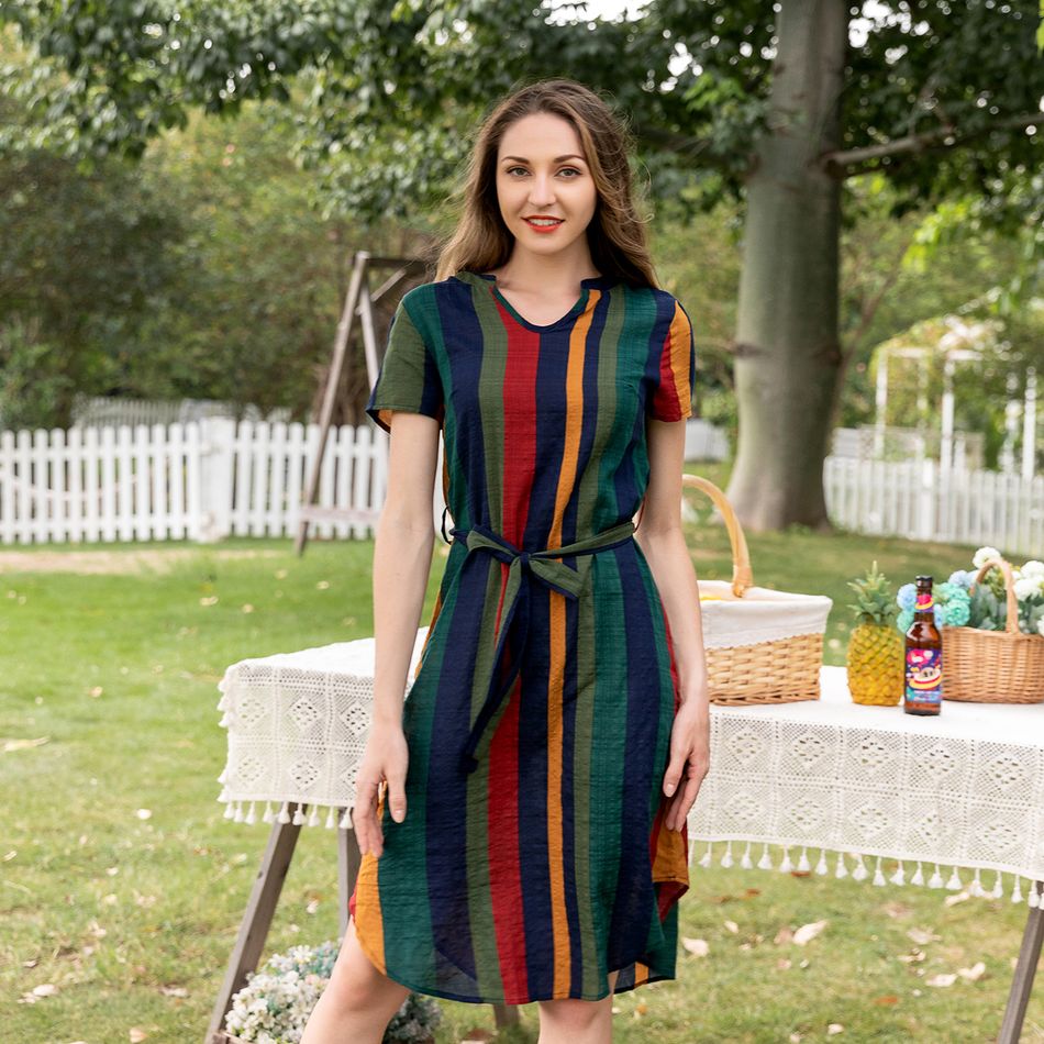 Colorblock Striped Short-sleeve Family Matching Sets(Belted Midi Dresses and T-shirts) Multi-color big image 3