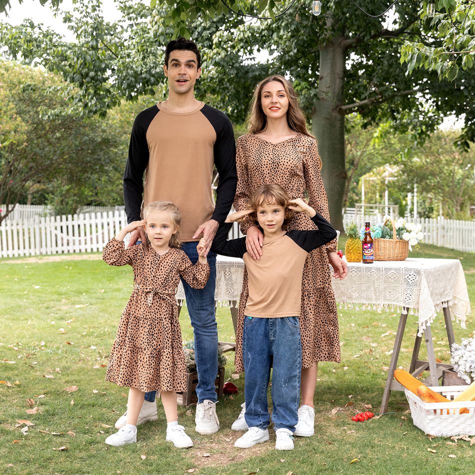 Brown Series Long-sleeve Family Matching Sets(Polka Dot V Neck Belted Midi Tiered Dresses and Long Sleeve T-shirts) Brown