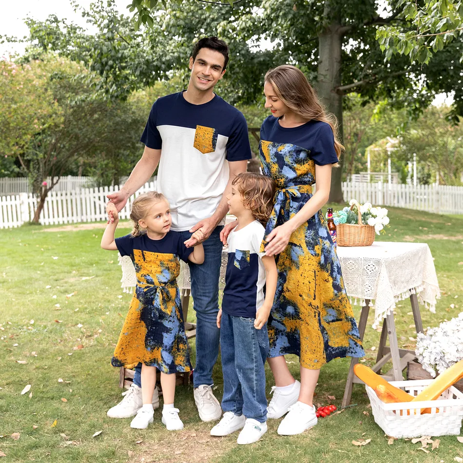 100% Cotton Tie Dye Splicing Short-sleeve Family Matching Sets( Belted Midi Dresses and Colorblock T-shirts) Yellow