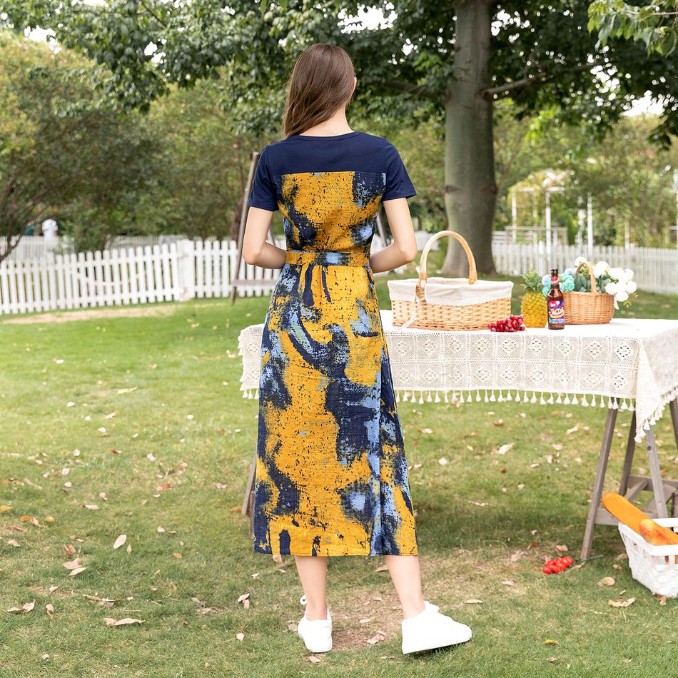 100% Cotton Tie Dye Splicing Short-sleeve Family Matching Sets( Belted Midi Dresses and Colorblock T-shirts) Yellow big image 3