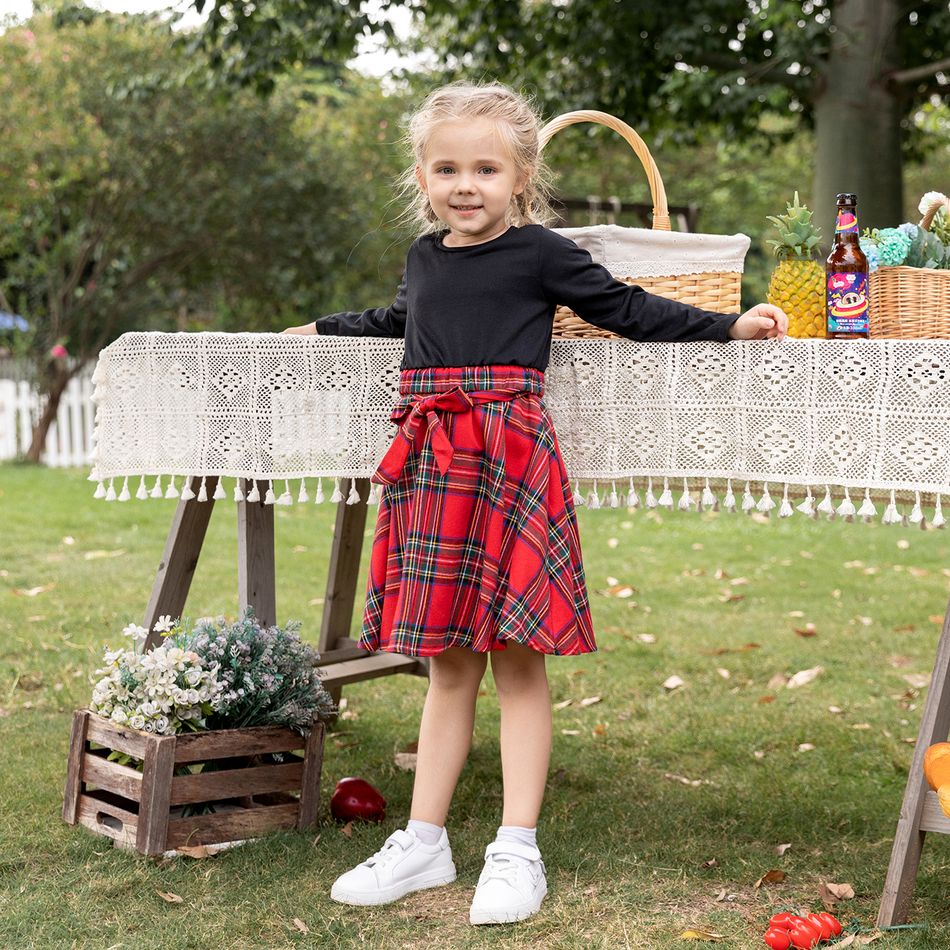 Red Plaid Print Long-sleeve Family Matching Sets(Plaid Splicing Black Belted Dresses) Red big image 17