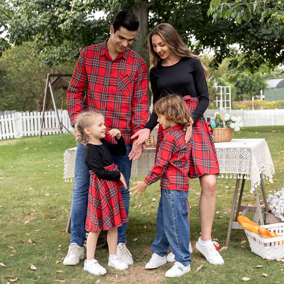 Red Plaid Print Long-sleeve Family Matching Sets(Plaid Splicing Black Belted Dresses) Red big image 13