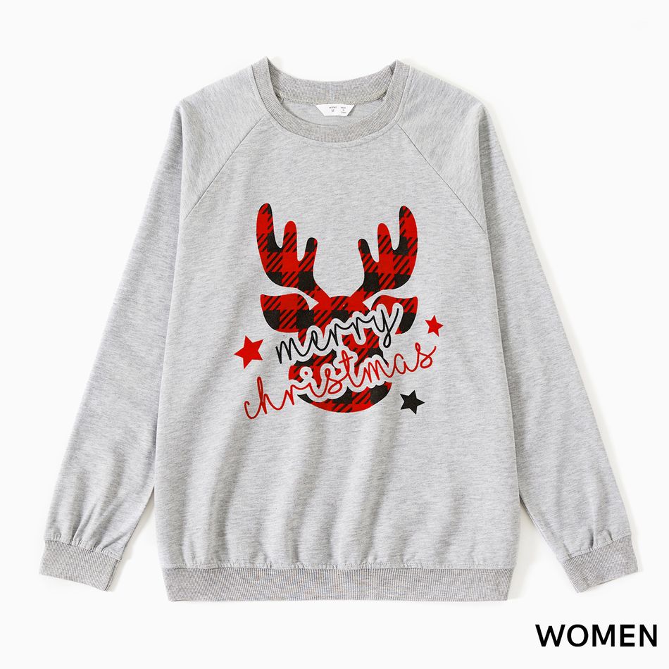 Christmas Red Plaid Deer and Letter Print Grey Family Matching Long-sleeve Sweatshirts Grey big image 2