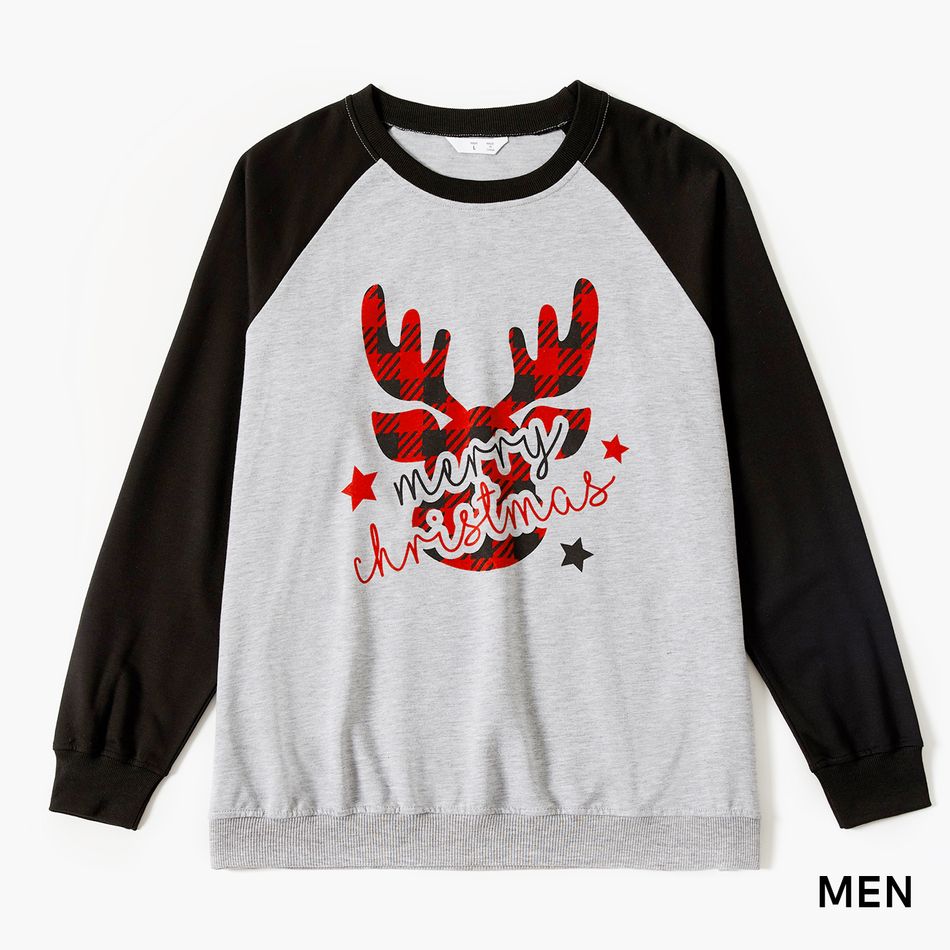 Christmas Red Plaid Deer and Letter Print Grey Family Matching Long-sleeve Sweatshirts Grey big image 3