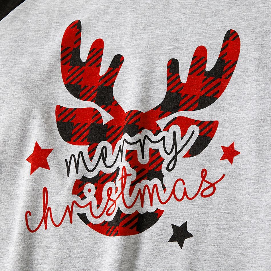 Christmas Red Plaid Deer and Letter Print Grey Family Matching Long-sleeve Sweatshirts Grey big image 5