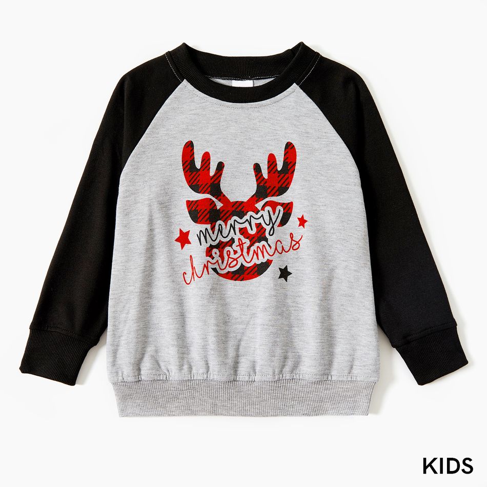 Christmas Red Plaid Deer and Letter Print Grey Family Matching Long-sleeve Sweatshirts Grey big image 7
