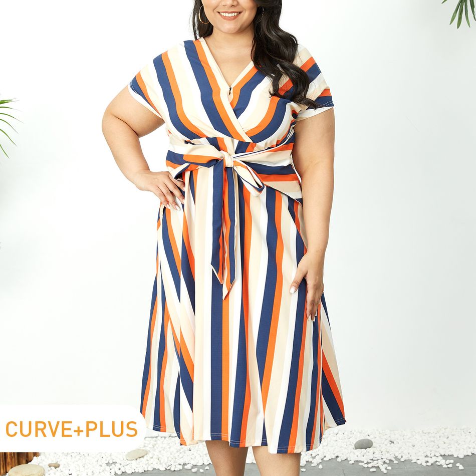 Women Plus Size Elegant Colorful Stripe V Neck Tie Belt Short-sleeve Midi Dress Multi-color