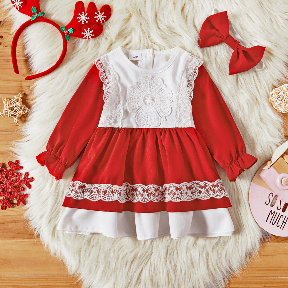 Christmas 2pcs Lace Splicing Red Long-sleeve Ruffle Baby Party Dress Set Red