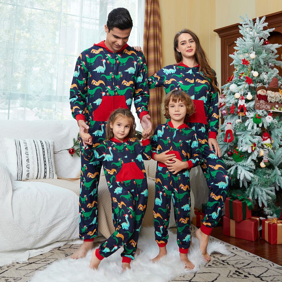 Allover Dinosaur Print Splice Hooded Long-sleeve Family Matching Onesies Pajamas Sets (Flame Resistant) Royal Blue big image 12