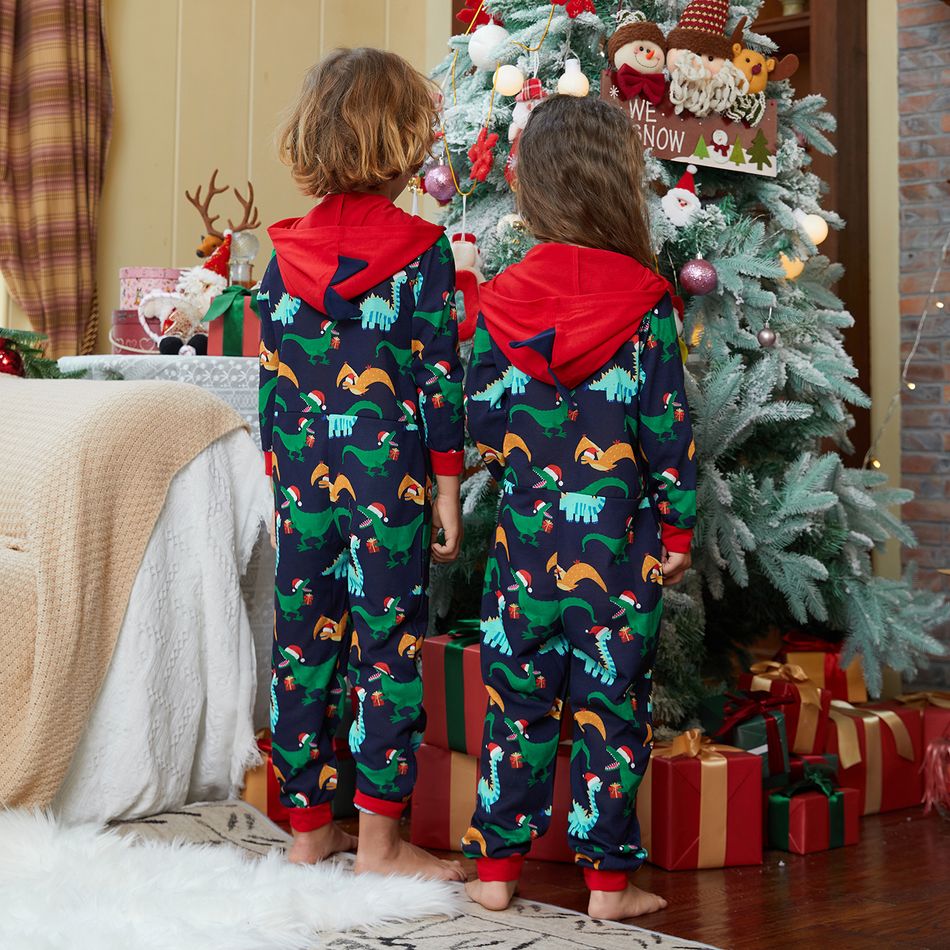 Allover Dinosaur Print Splice Hooded Long-sleeve Family Matching Onesies Pajamas Sets (Flame Resistant) Royal Blue big image 19