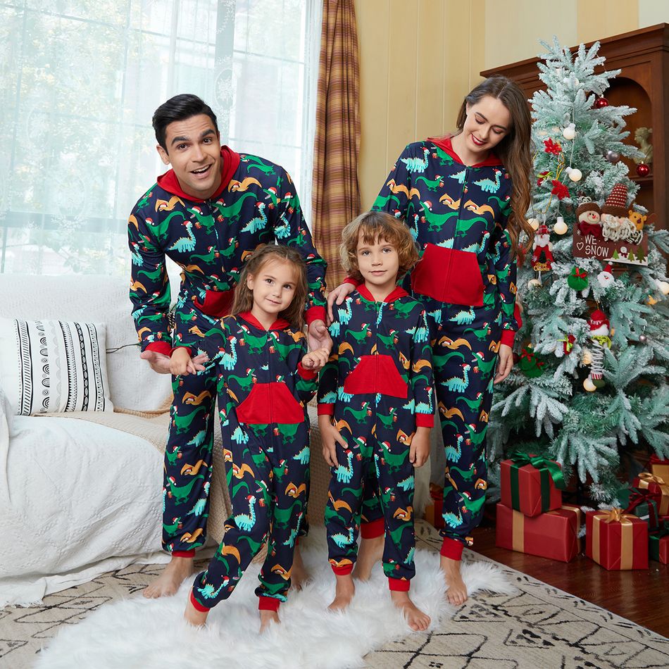 Allover Dinosaur Print Splice Hooded Long-sleeve Family Matching Onesies Pajamas Sets (Flame Resistant) Royal Blue big image 10