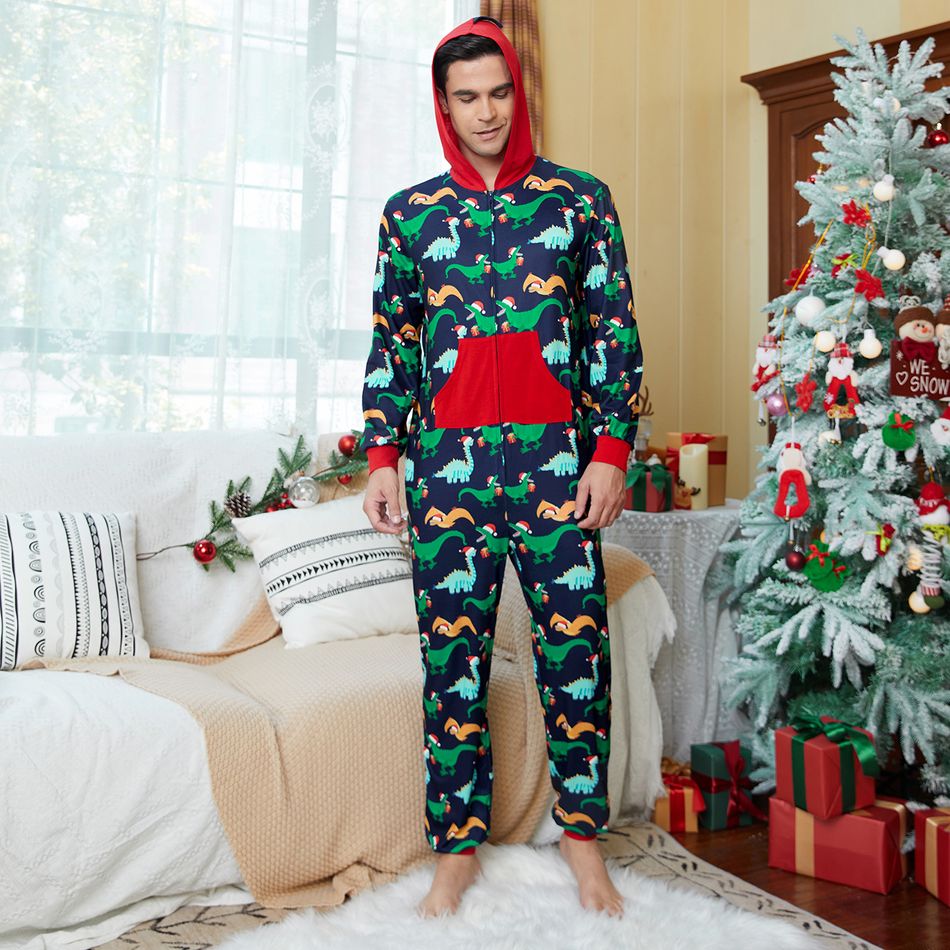 Allover Dinosaur Print Splice Hooded Long-sleeve Family Matching Onesies Pajamas Sets (Flame Resistant) Royal Blue big image 16