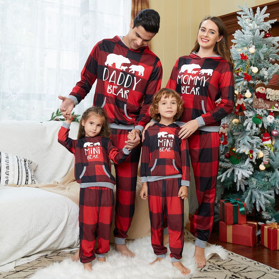 Christmas Letters and Polar Bear Print Red Plaid Family Matching Long-sleeve Hooded Pajamas Sets (Flame Resistant) Red big image 14