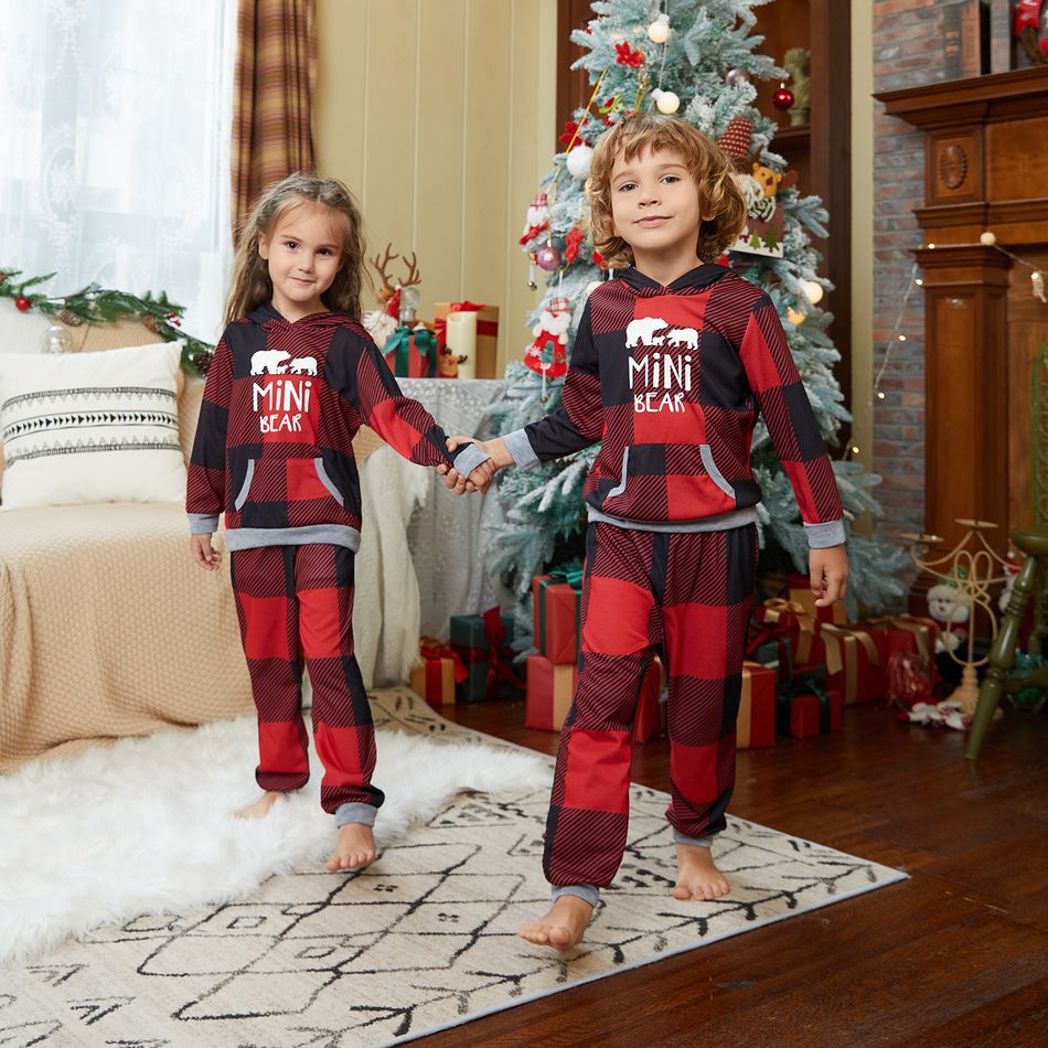 Christmas Letters and Polar Bear Print Red Plaid Family Matching Long-sleeve Hooded Pajamas Sets (Flame Resistant) Red big image 19