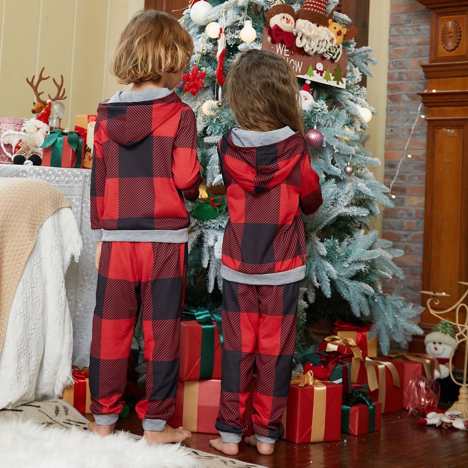Christmas Letters and Polar Bear Print Red Plaid Family Matching Long-sleeve Hooded Pajamas Sets (Flame Resistant) Red