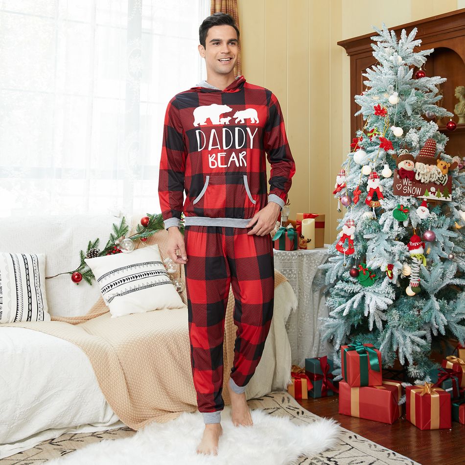 Christmas Letters and Polar Bear Print Red Plaid Family Matching Long-sleeve Hooded Pajamas Sets (Flame Resistant) Red big image 15