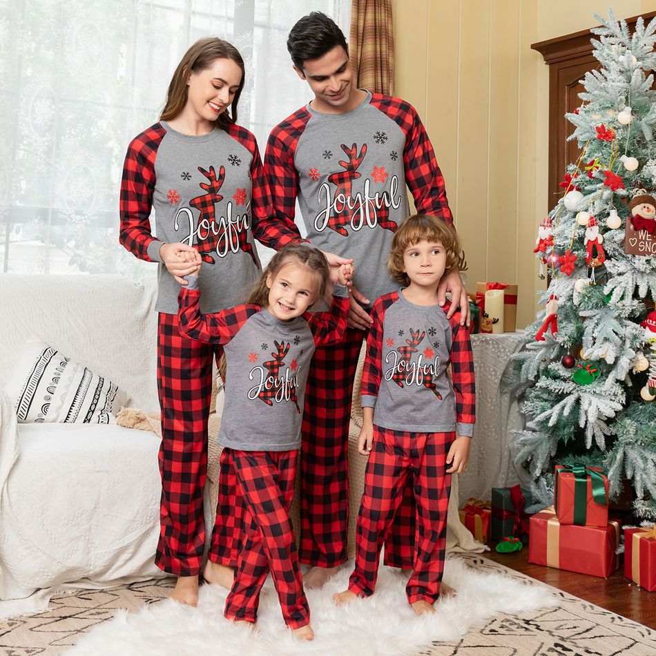 Christmas Deer and Red Plaid Print Raglan Long-sleeve Family Matching Pajamas Set (Flame Resistant) Red big image 15