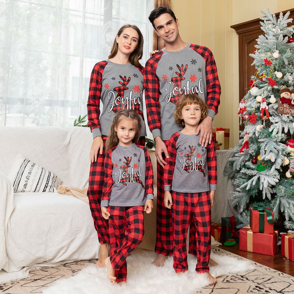 Christmas Deer and Red Plaid Print Raglan Long-sleeve Family Matching Pajamas Set (Flame Resistant) Red big image 16