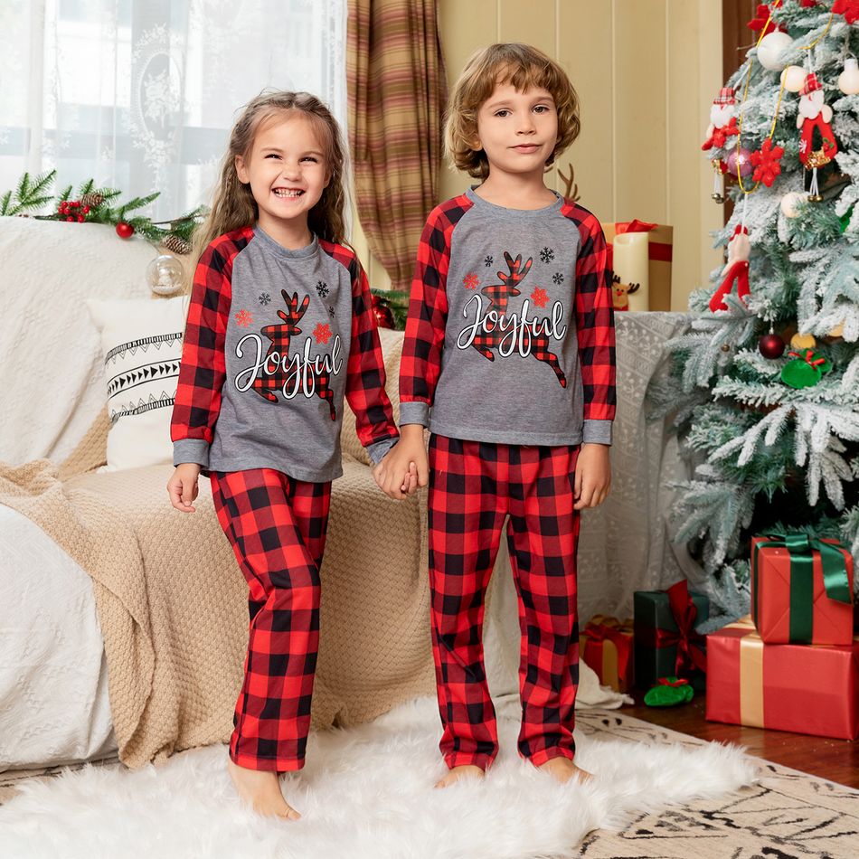 Christmas Deer and Red Plaid Print Raglan Long-sleeve Family Matching Pajamas Set (Flame Resistant) Red big image 21