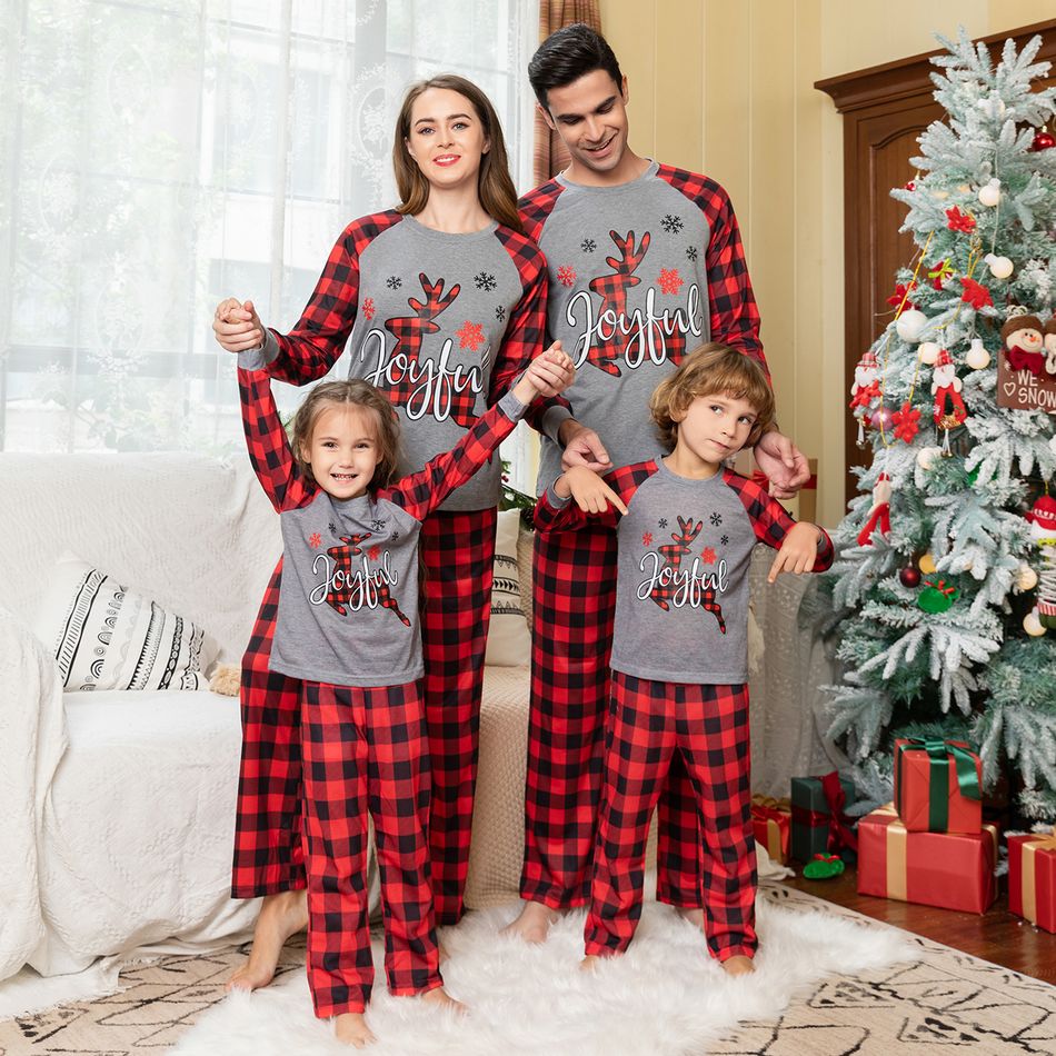Christmas Deer and Red Plaid Print Raglan Long-sleeve Family Matching Pajamas Set (Flame Resistant) Red big image 14