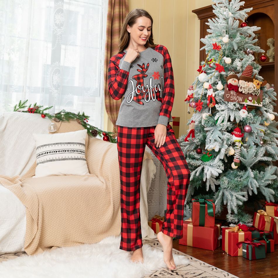 Christmas Deer and Red Plaid Print Raglan Long-sleeve Family Matching Pajamas Set (Flame Resistant) Red big image 19