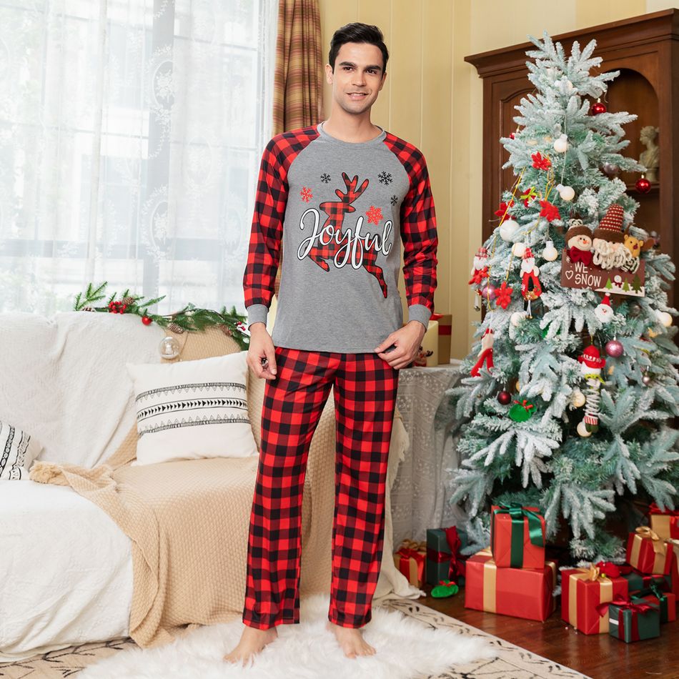 Christmas Deer and Red Plaid Print Raglan Long-sleeve Family Matching Pajamas Set (Flame Resistant) Red big image 17