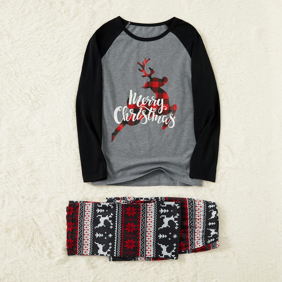 Christmas Plaid Reindeer and Letter Print Grey Family Matching Raglan Long-sleeve Pajamas Sets (Flame Resistant) Grey big image 5