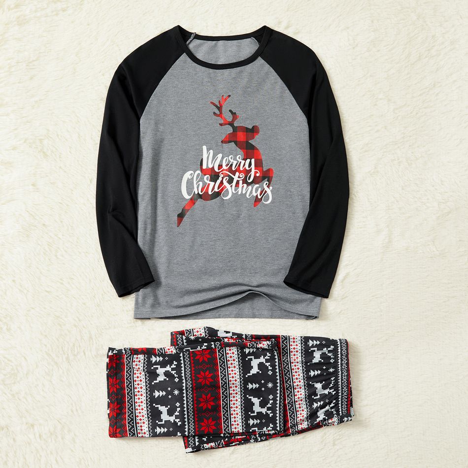 Christmas Plaid Reindeer and Letter Print Grey Family Matching Raglan Long-sleeve Pajamas Sets (Flame Resistant) Grey big image 6