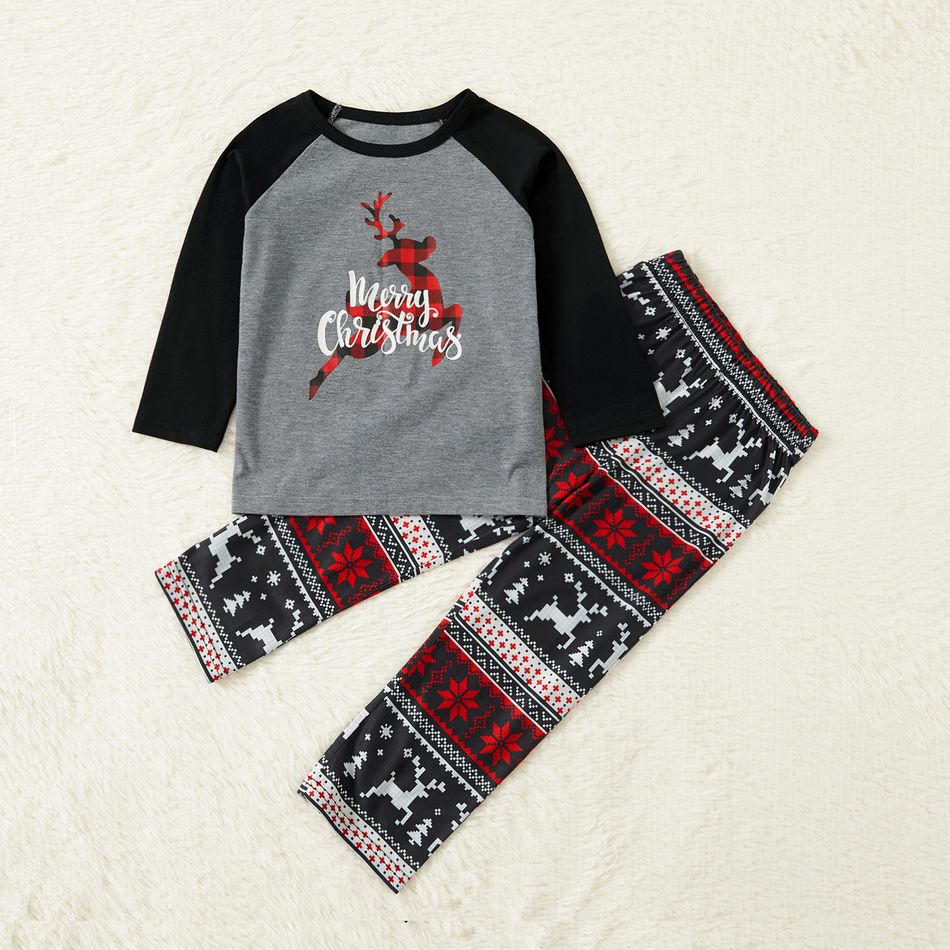 Christmas Plaid Reindeer and Letter Print Grey Family Matching Raglan Long-sleeve Pajamas Sets (Flame Resistant) Grey big image 7