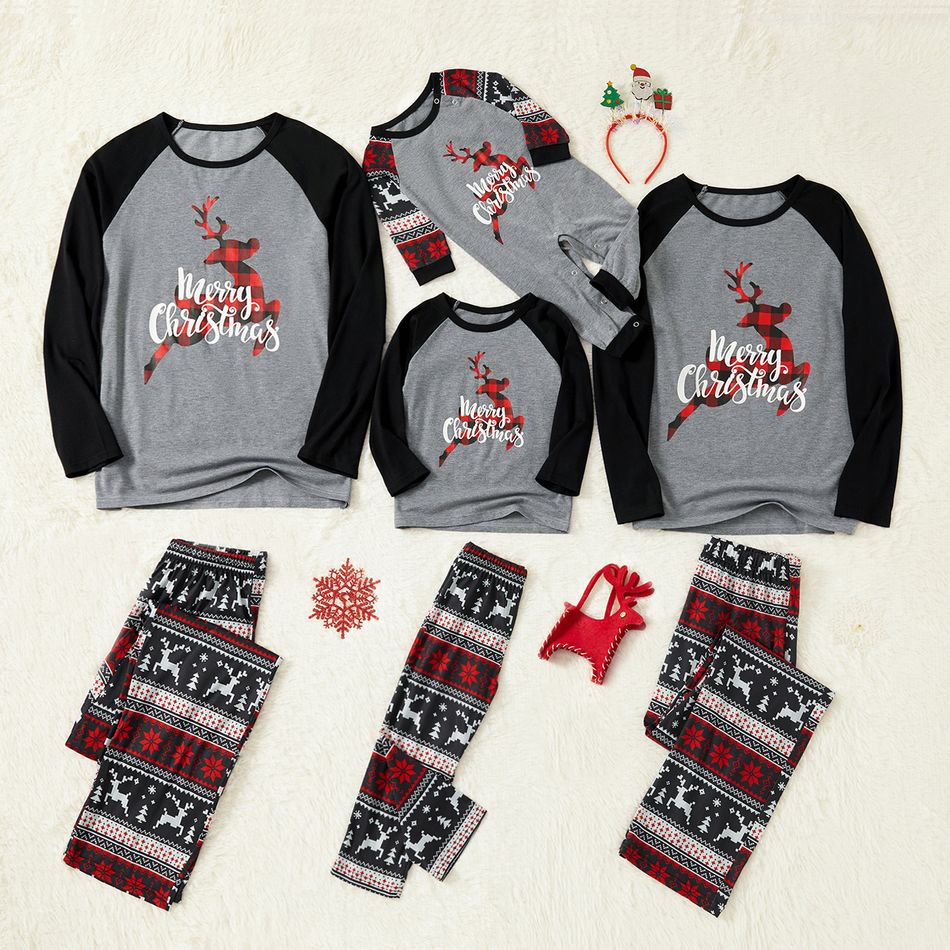 Christmas Plaid Reindeer and Letter Print Grey Family Matching Raglan Long-sleeve Pajamas Sets (Flame Resistant) Grey big image 4