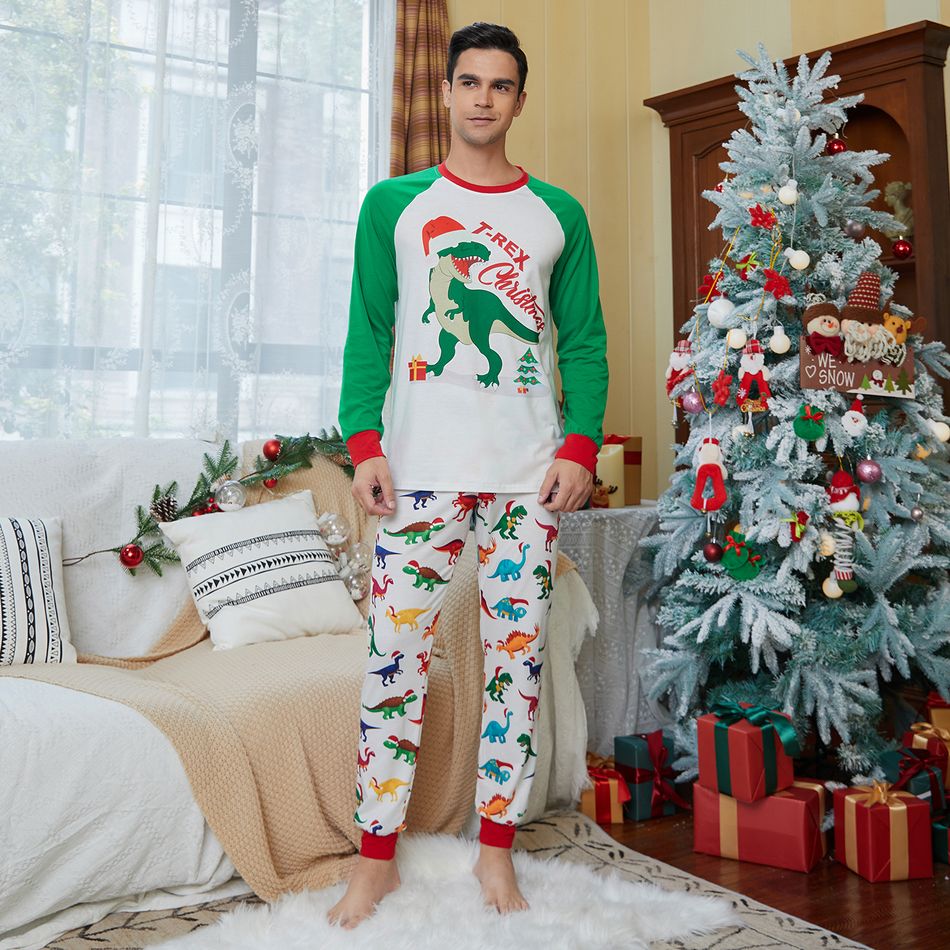 Family Matching Christmas Dinosaur and Letter Print Raglan Long-sleeve Pajamas Sets (Flame Resistant) Green/White big image 11