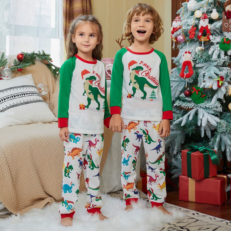 Family Matching Christmas Dinosaur and Letter Print Raglan Long-sleeve Pajamas Sets (Flame Resistant) Green/White big image 15