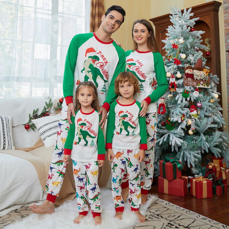 Family Matching Christmas Dinosaur and Letter Print Raglan Long-sleeve Pajamas Sets (Flame Resistant) Green/White big image 10