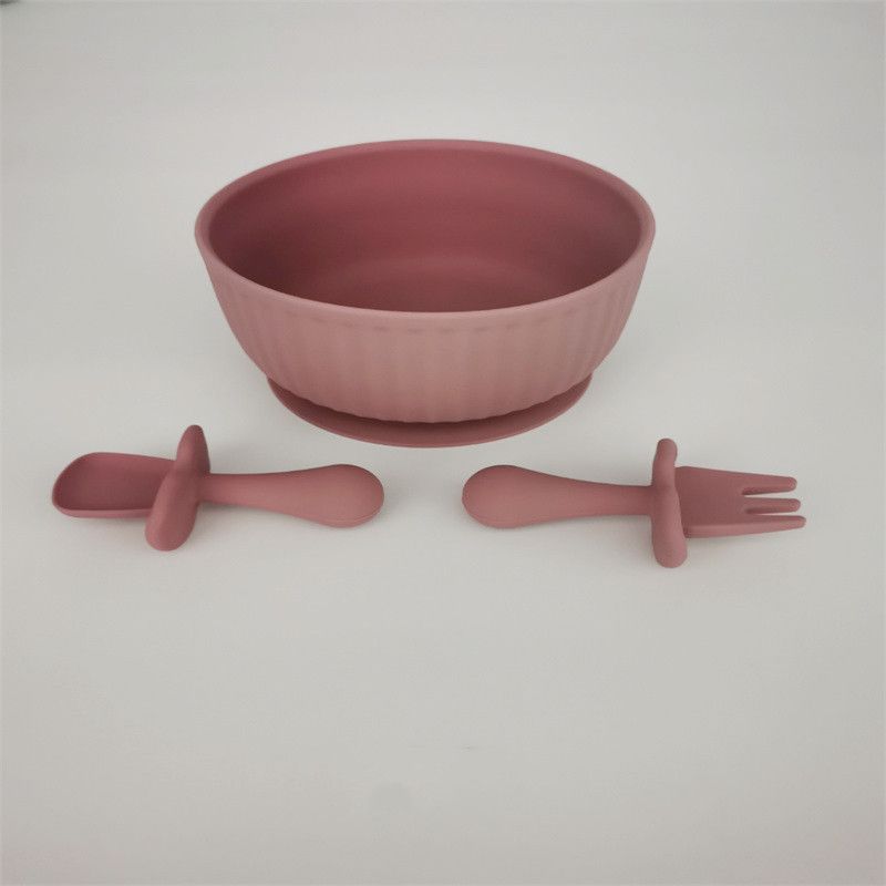 Baby Solid Color Silicone Suction Plate Feeding Set with Self-Feeding Spoon Fork Infant Newborn Utensil Set for Self-Training Dark Pink big image 1