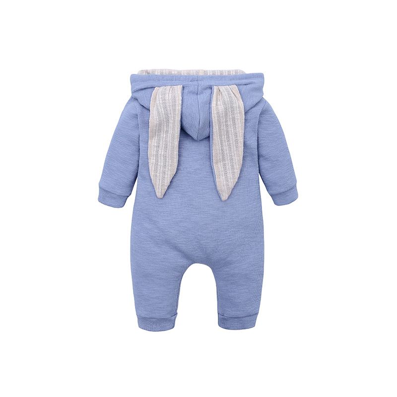 Solid Hooded 3D Bunny Ear Decor Long-sleeve White or Pink or Blue or Grey Baby Jumpsuit Blue big image 2