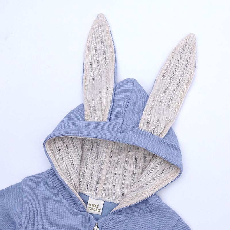 Solid Hooded 3D Bunny Ear Decor Long-sleeve White or Pink or Blue or Grey Baby Jumpsuit Blue big image 3