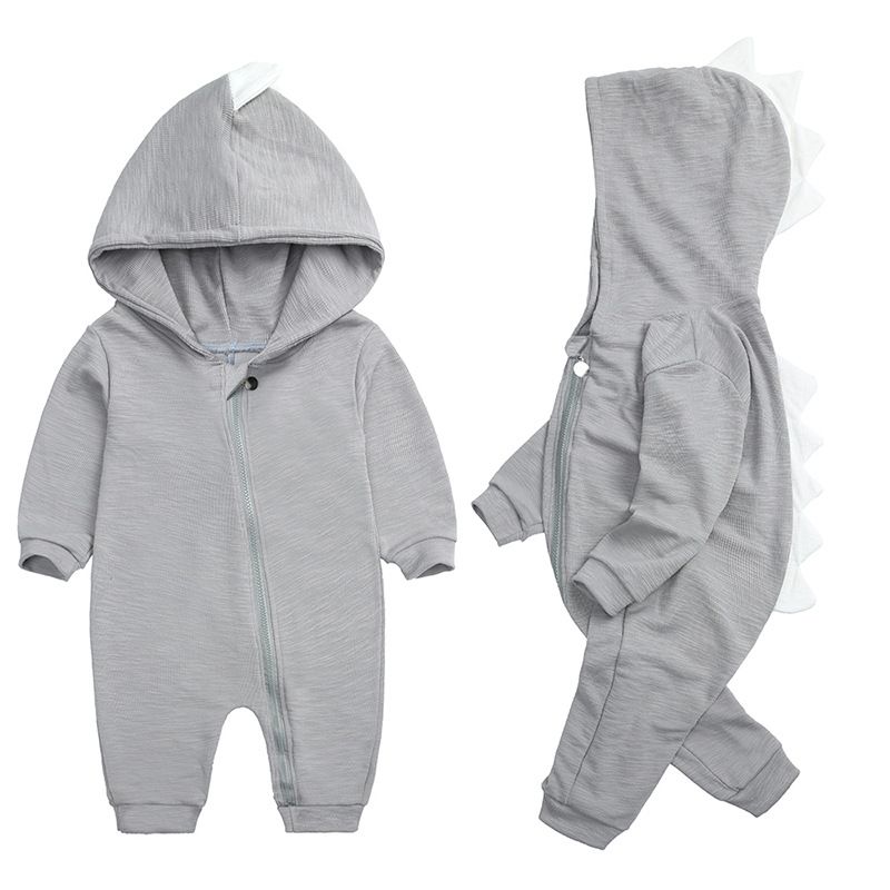 100% Cotton Solid 3D Serrtion Decor Hooded Long-sleeve Pink or Grey or Blue Baby Jumpsuit Grey