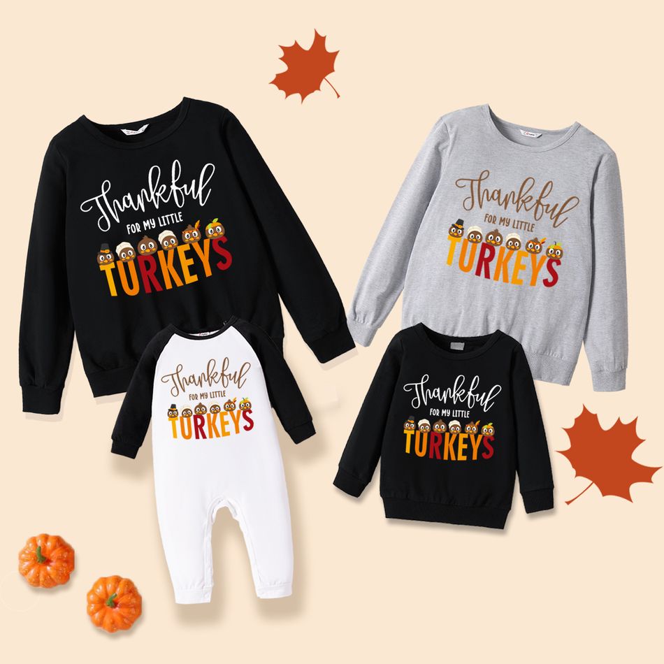Thanksgiving Day Cartoon Turkey and Letter Print 100% Cotton Family Matching Long-sleeve Sweatshirts Multi-color