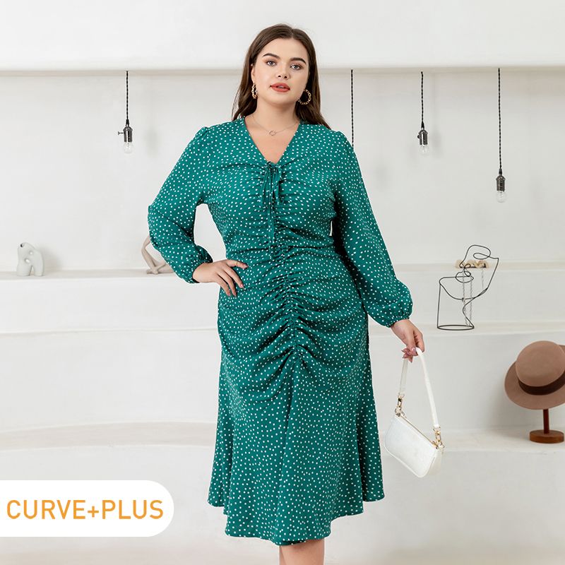 Women Plus Size Elegant Polka dots Ruched Drawstring Long-sleeve Dress Green