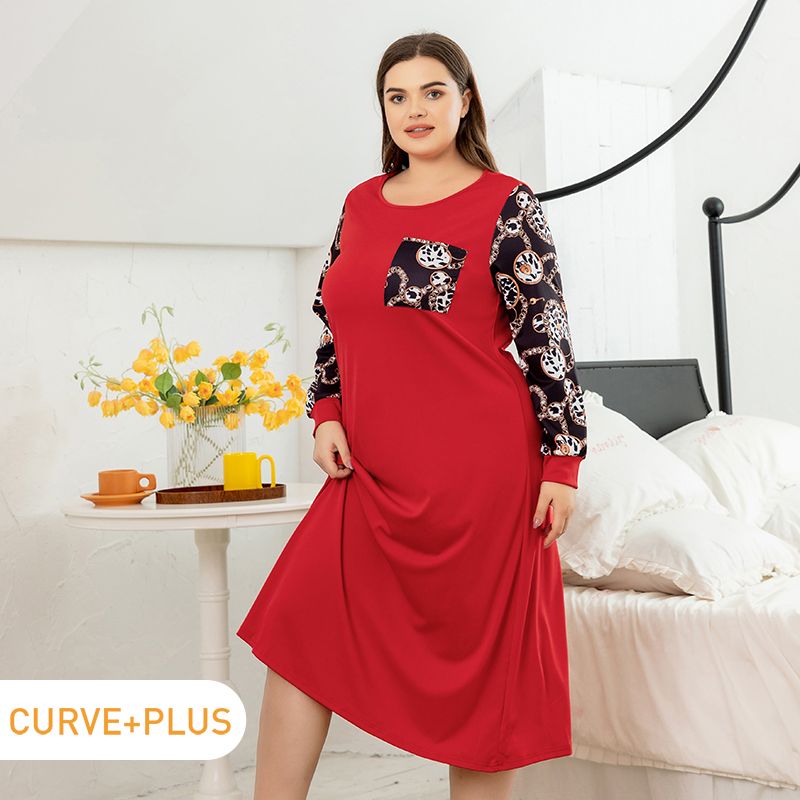 Women Plus Size Elegant Round-collar Long-sleeve Stitching Nightgown Red