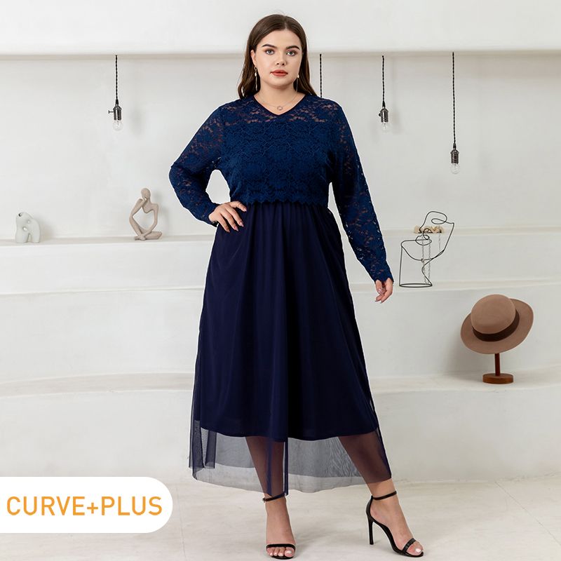 Women Plus Size Elegant Lace Design Long-sleeve Mesh Dress Deep Blue