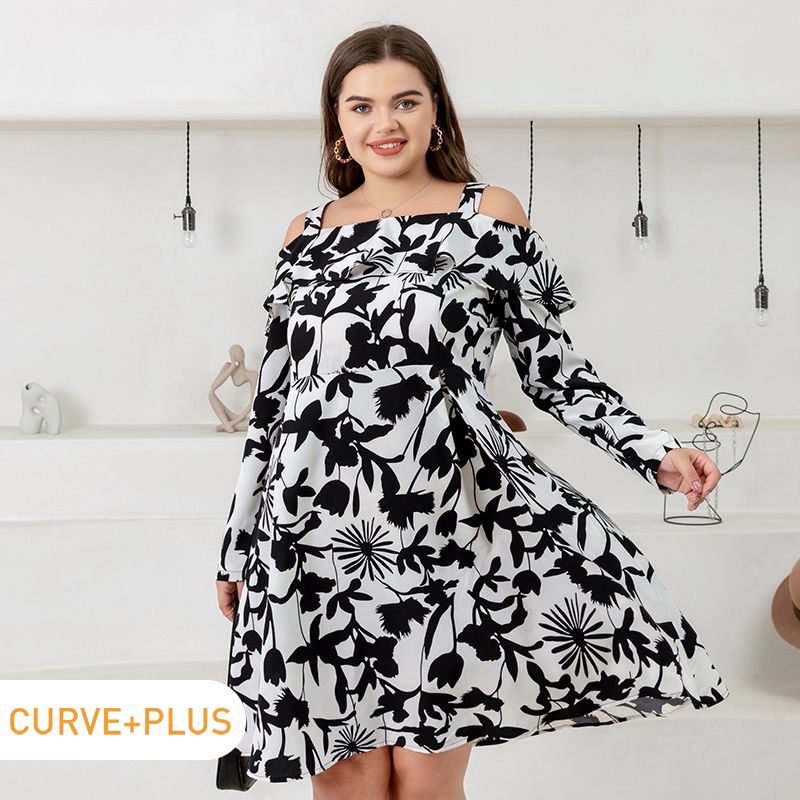 Women Plus Size Elegant Floral Print Off Shoulder Strap Dress Multi-color