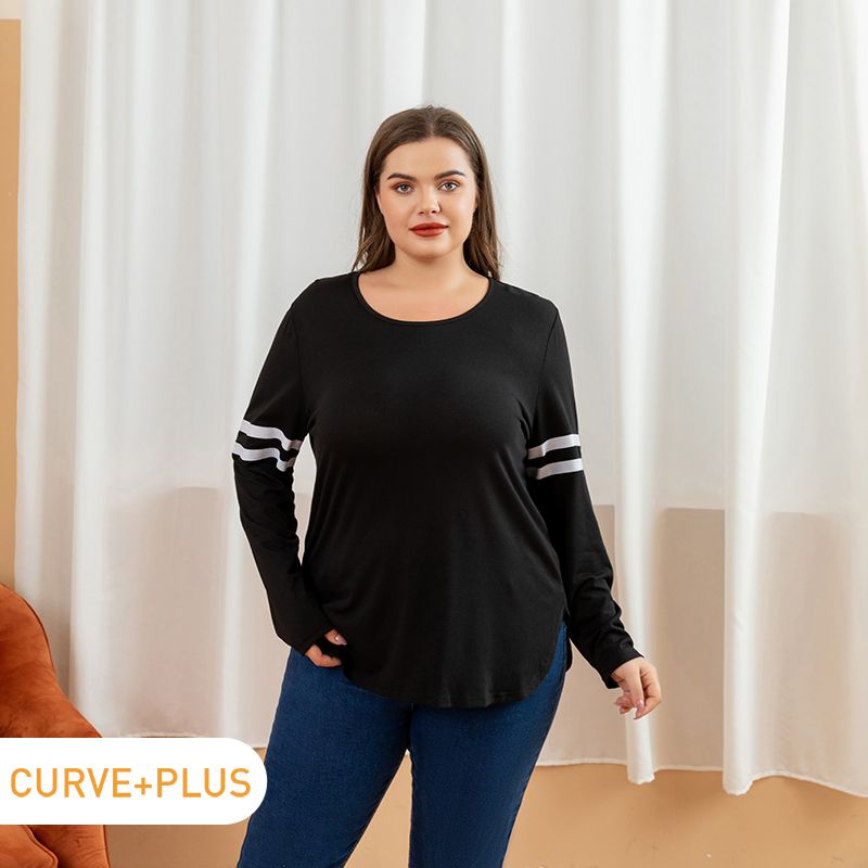 Women Plus Size Basics Striped Side Slit Long-sleeve Tee Black