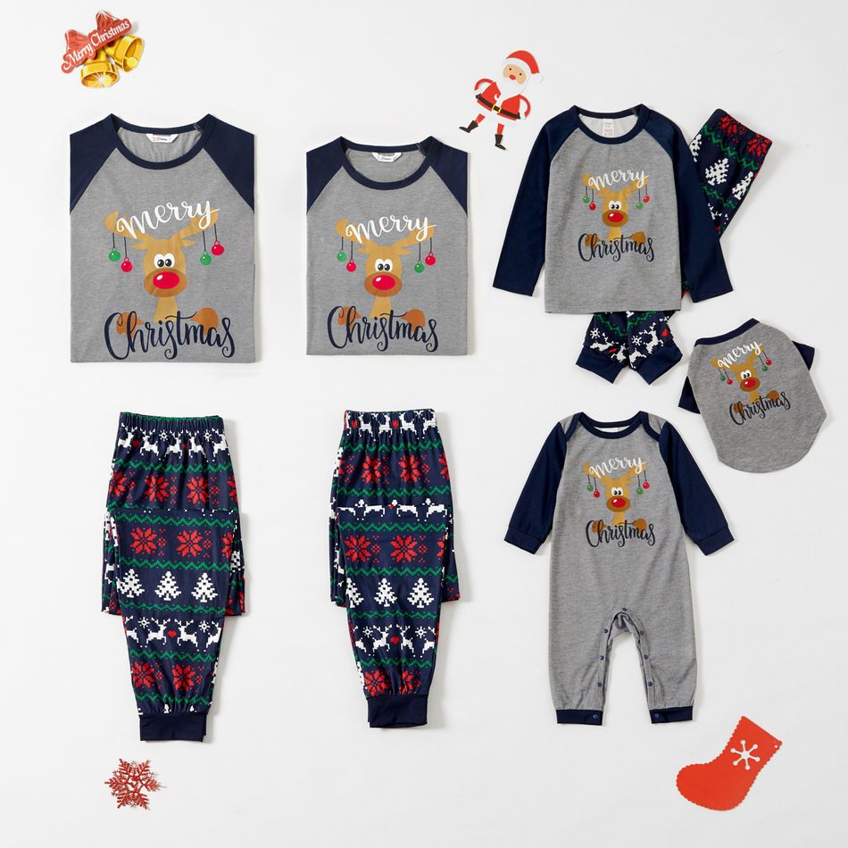 Family Matching Christmas Deer Letter and Snowflake Print Long-sleeve Pajamas Sets (Flame Resistant) Royal Blue