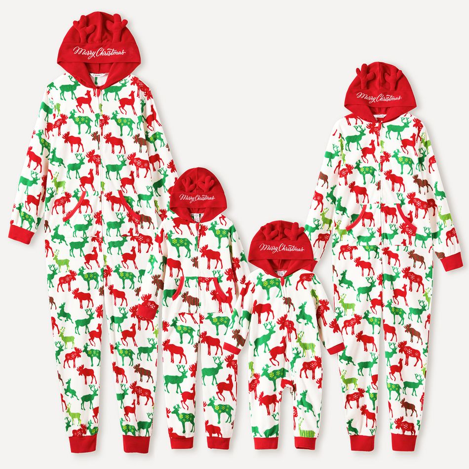 Christmas All Over Reindeer Print Family Matching Long-sleeve Hooded Thickened Polar Fleece Onesies Pajamas Sets (Flame Resistant) Multi-color