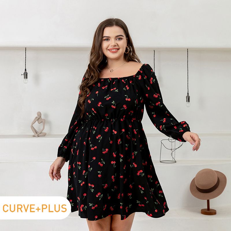 Women Plus Size Elegant Fruit Cherry Print Square Neck Long-sleeve Dress Multi-color