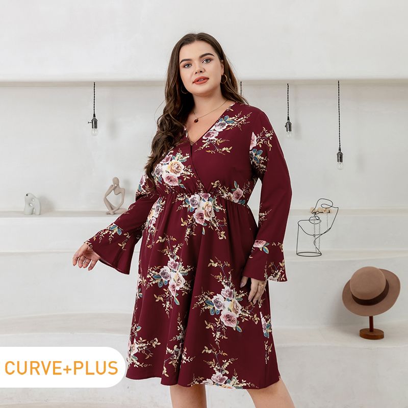 Women Plus Size Vacation Floral Print Surplice Neck Long-sleeve Dress Burgundy