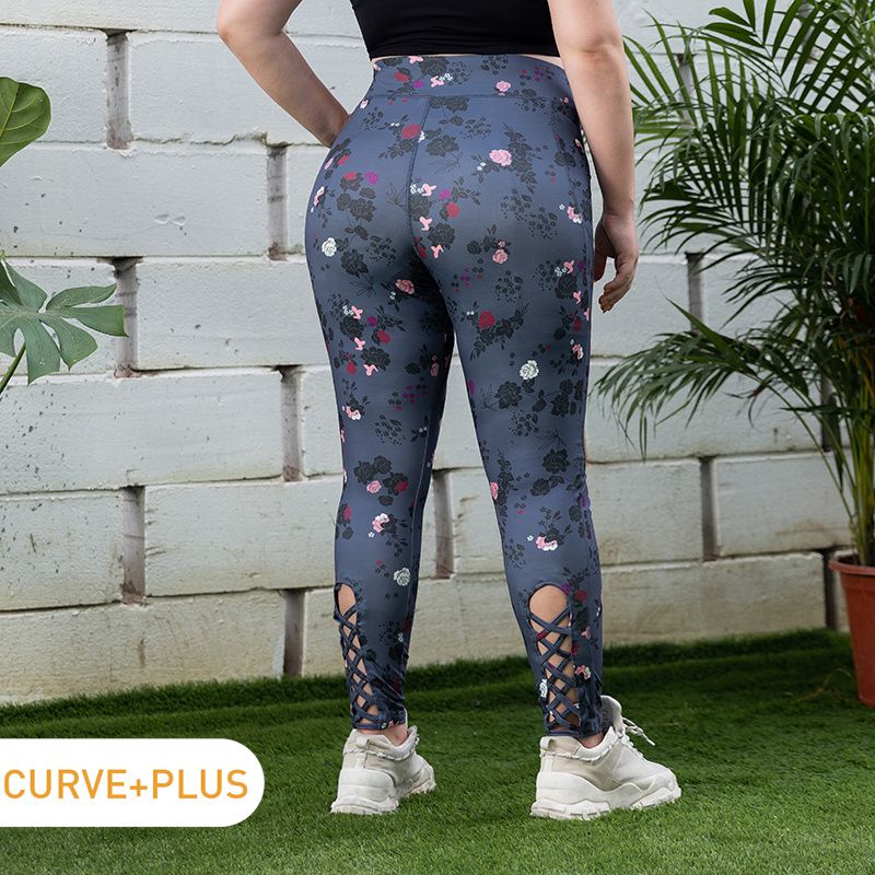 Women Plus Size Elegant Floral Print Crisscross Design Leggings Dark Grey